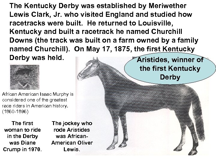 The Kentucky Derby was established by Meriwether Lewis Clark, Jr. who visited England studied
