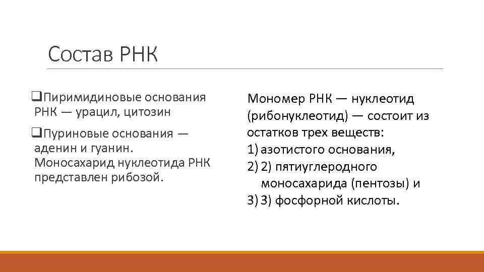 Состав РНК q. Пиримидиновые основания РНК — урацил, цитозин q. Пуриновые основания — аденин
