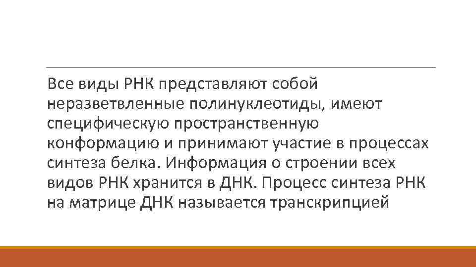 Все виды РНК представляют собой неразветвленные полинуклеотиды, имеют специфическую пространственную конформацию и принимают участие