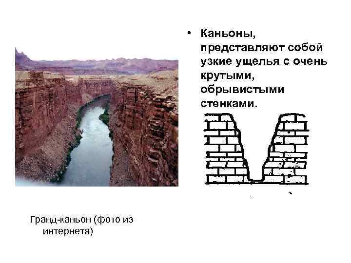  • Каньоны, представляют собой узкие ущелья с очень крутыми, обрывистыми стенками. Гранд-каньон (фото