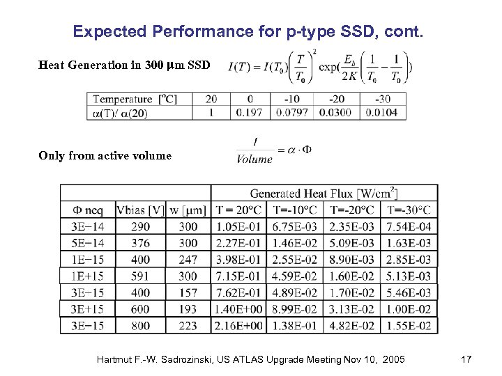 Expected Performance for p-type SSD, cont. Heat Generation in 300 mm SSD Only from