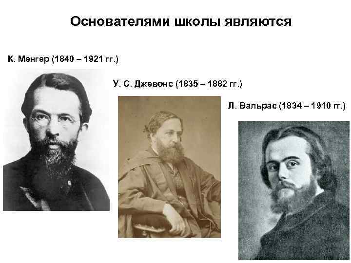 Основателями школы являются К. Менгер (1840 – 1921 гг. ) У. С. Джевонс (1835