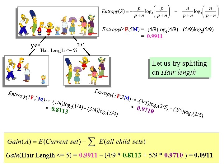 Entropy(4 F, 5 M) = -(4/9)log 2(4/9) - (5/9)log 2(5/9) = 0. 9911 yes