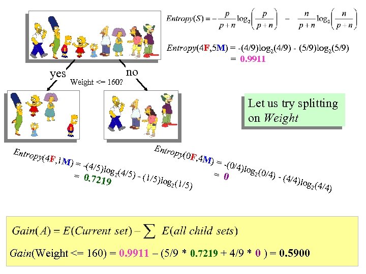 Entropy(4 F, 5 M) = -(4/9)log 2(4/9) - (5/9)log 2(5/9) = 0. 9911 yes