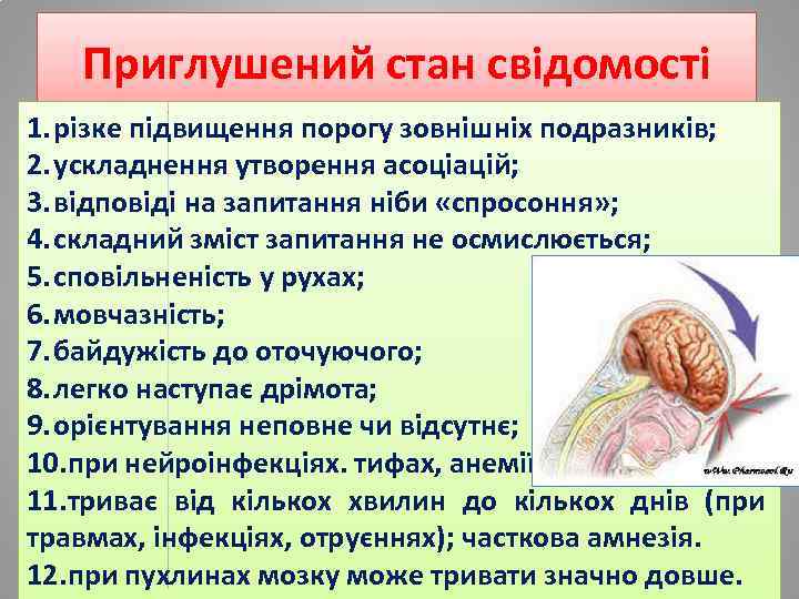 Приглушений стан свідомості 1. різке підвищення порогу зовнішніх подразників; 2. ускладнення утворення асоціацій; 3.
