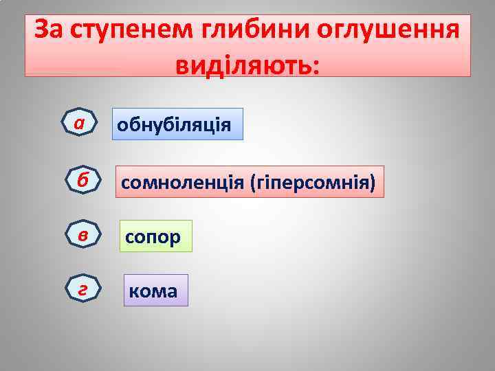 За ступенем глибини оглушення виділяють: а обнубіляція б сомноленція (гіперсомнія) в сопор г кома