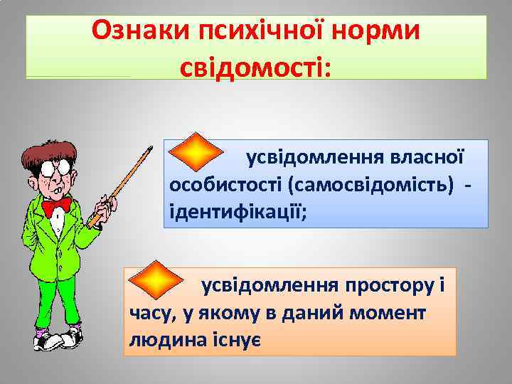 Ознаки психічної норми свідомості: усвідомлення власної особистості (самосвідомість) - ідентифікації; усвідомлення простору і часу,