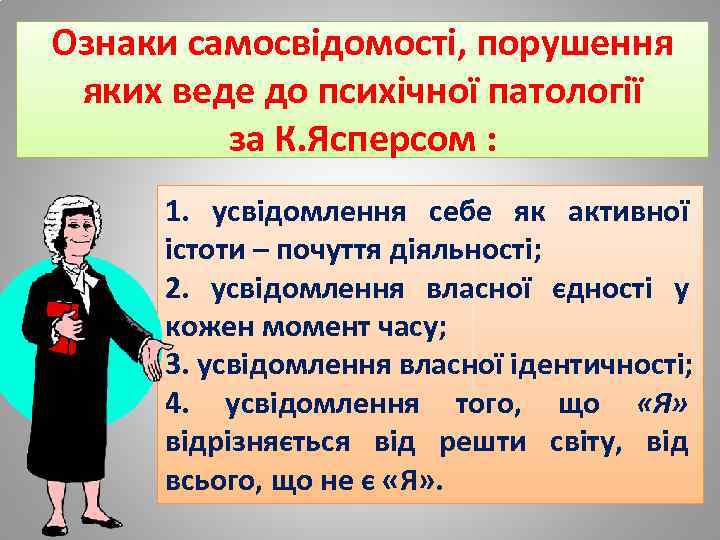 Ознаки самосвідомості, порушення яких веде до психічної патології за К. Ясперсом : 1. усвідомлення