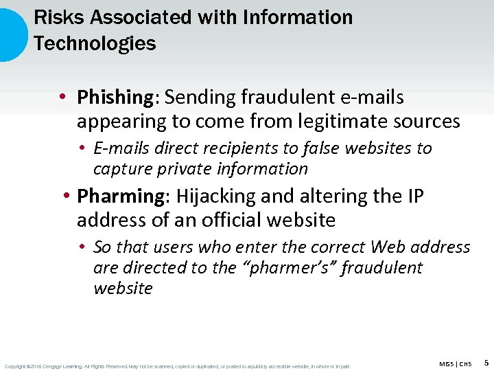 Risks Associated with Information Technologies • Phishing: Sending fraudulent e-mails appearing to come from