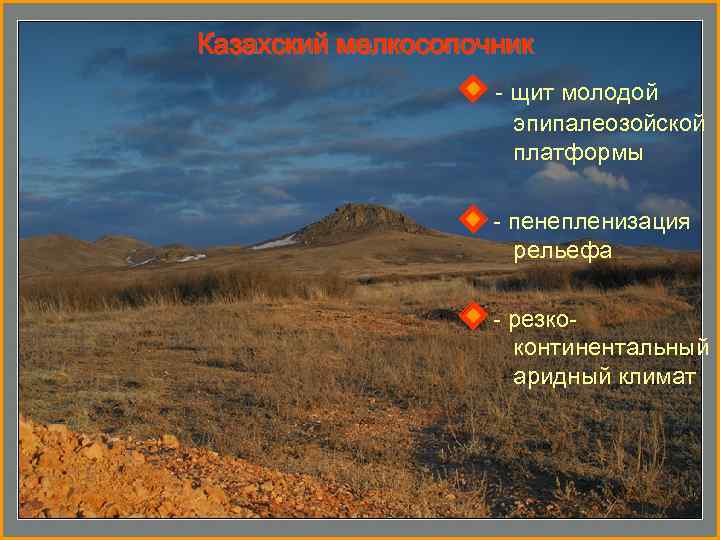 Казахский мелкосопочник - щит молодой эпипалеозойской платформы - пенепленизация рельефа - резкоконтинентальный аридный климат