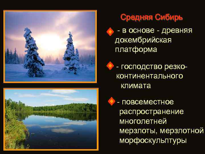 Средняя Сибирь - в основе - древняя докембрийская платформа - господство резкоконтинентального климата -