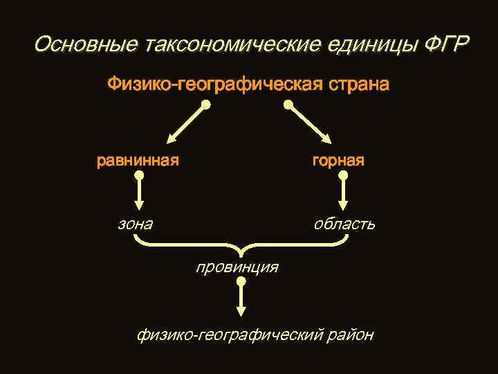 Основные таксономические единицы ФГР Физико-географическая страна равнинная горная зона область провинция физико-географический район 