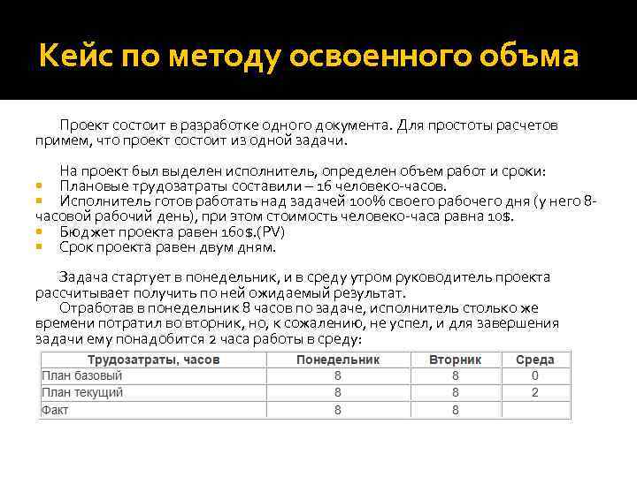 Кейс по методу освоенного объма Проект состоит в разработке одного документа. Для простоты расчетов