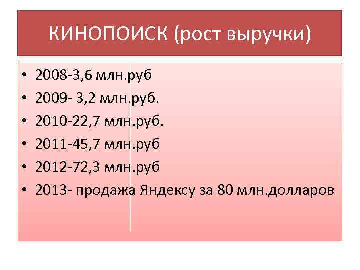 КИНОПОИСК (рост выручки) • • • 2008 -3, 6 млн. руб 2009 - 3,