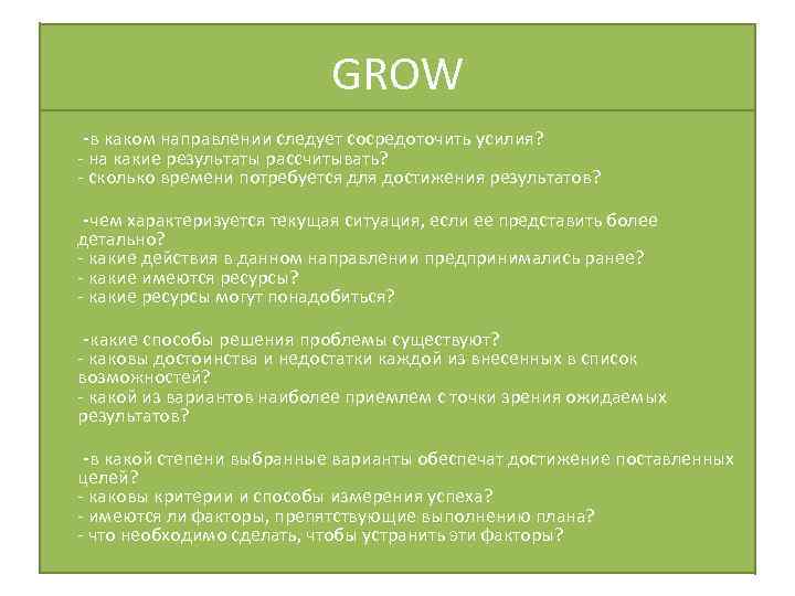 GROW -в каком направлении следует сосредоточить усилия? - на какие результаты рассчитывать? - сколько