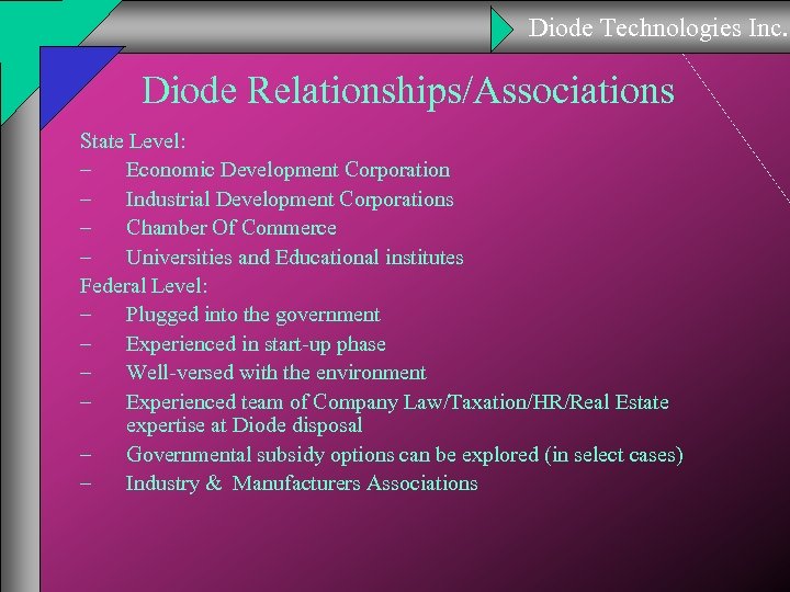 Diode Technologies Inc. Diode Relationships/Associations State Level: – Economic Development Corporation – Industrial Development