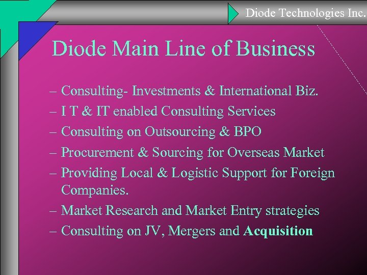 Diode Technologies Inc. Diode Main Line of Business – Consulting- Investments & International Biz.