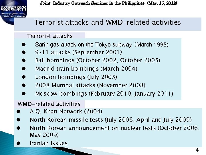 Joint Industry Outreach Seminar in the Philippines (Mar. 15, 2012) Terrorist attacks and WMD-related