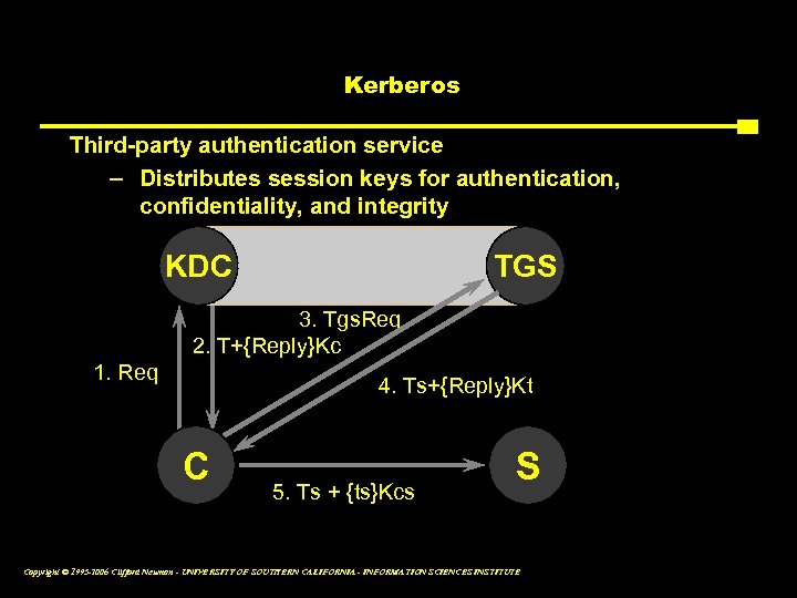 Kerberos Third-party authentication service – Distributes session keys for authentication, confidentiality, and integrity KDC