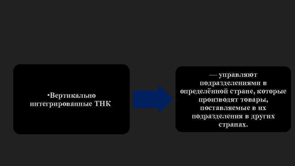  • Вертикально интегрированные ТНК — управляют подразделениями в определённой стране, которые производят товары,