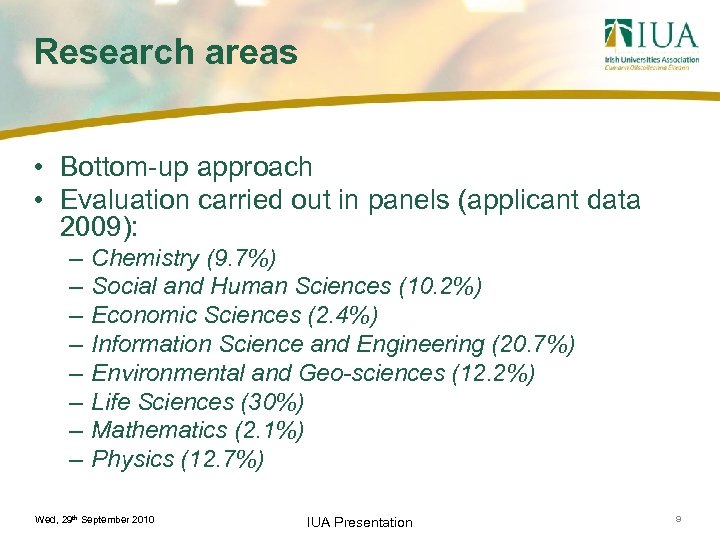 Research areas • Bottom-up approach • Evaluation carried out in panels (applicant data 2009):