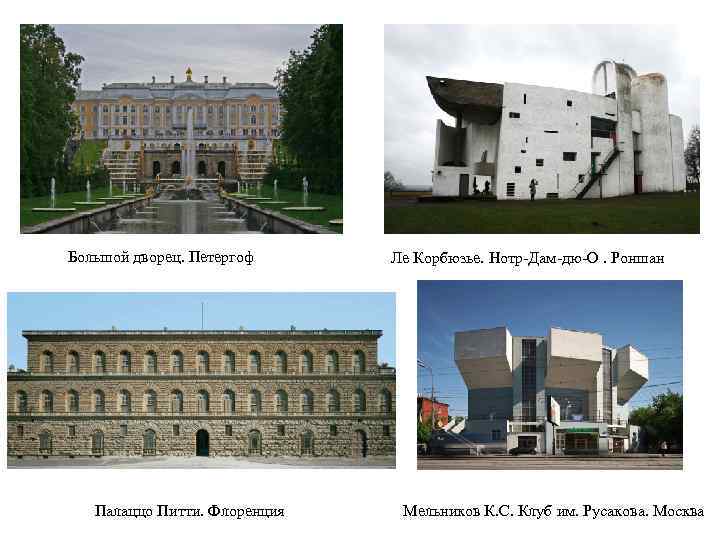 Большой дворец. Петергоф Палаццо Питти. Флоренция Ле Корбюзье. Нотр-Дам-дю-О. Роншан Мельников К. С. Клуб