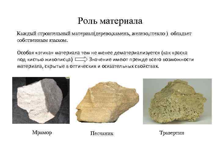 Роль материала Каждый строительный материал(дерево, камень, железо, стекло ) обладает собственным языком. Особая «этика»