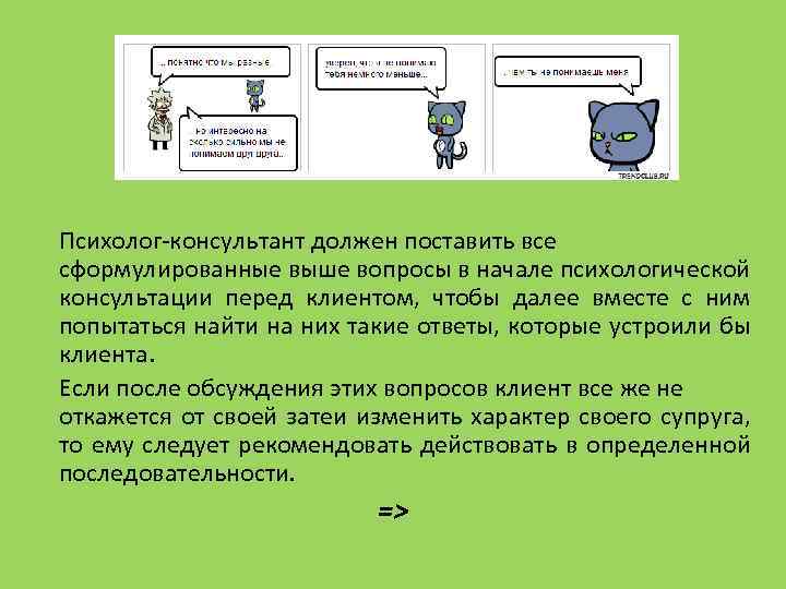 Психолог-консультант должен поставить все сформулированные выше вопросы в начале психологической консультации перед клиентом, чтобы