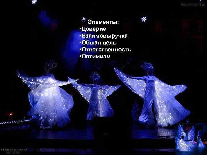 Элементы: • Доверие • Взаимовыручка • Общая цель • Ответственность • Оптимизм 