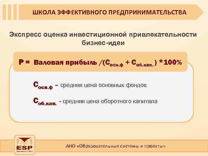 ШКОЛА ЭФФЕКТИВНОГО ПРЕДПРИНИМАТЕЛЬСТВА Экспресс оценка инвестиционной привлекательности бизнес-идеи Р = Валовая прибыль /(Сосн. ф