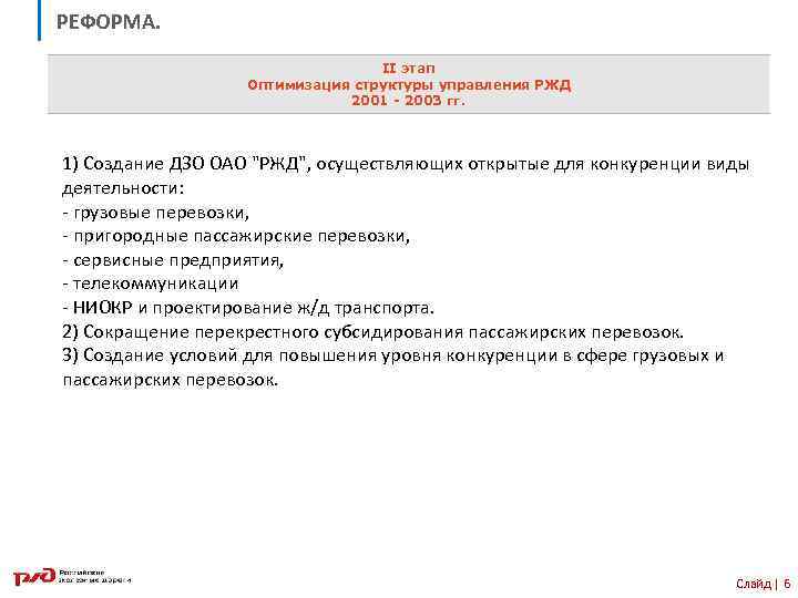 РЕФОРМА. II этап Оптимизация структуры управления РЖД 2001 - 2003 гг. 1) Создание ДЗО