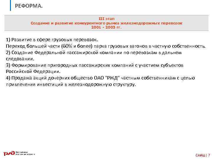 РЕФОРМА. III этап Создание и развитие конкурентного рынка железнодорожных перевозок 2001 - 2003 гг.