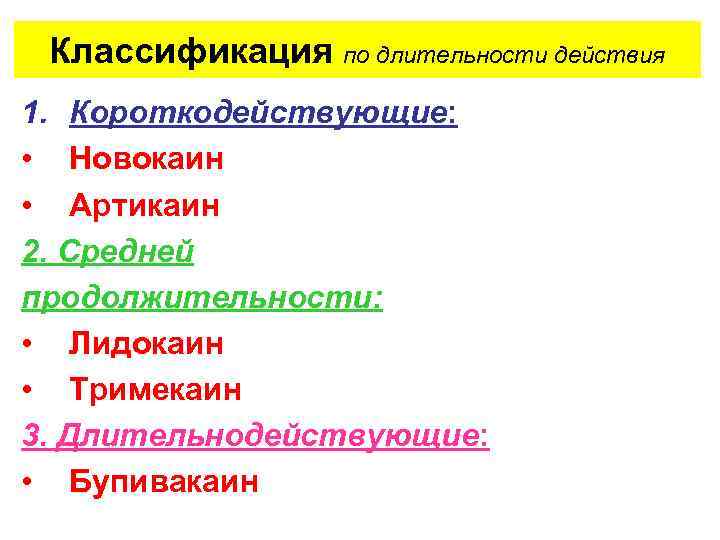Классификация по длительности действия 1. Короткодействующие: • Новокаин • Артикаин 2. Средней продолжительности: •