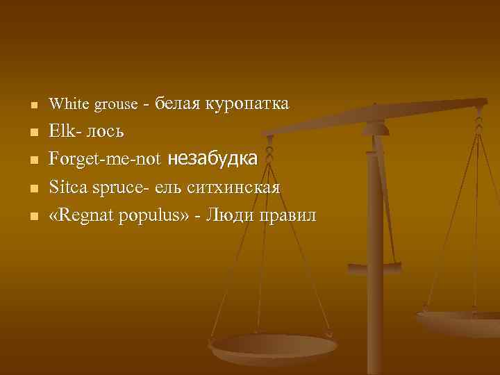 n n n White grouse - белая куропатка Elk- лось Forget-me-not незабудка Sitca spruce-