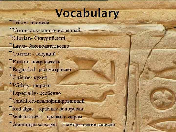 Vocabulary *Tribes- племена *Numerous- многочисленный *Silurian- Силурийский *Laws- Законодательство *Current - текущий *Patron- покровитель