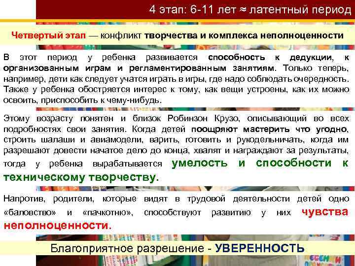 4 этап: 6 -11 лет ≈ латентный период Четвертый этап — конфликт творчества и
