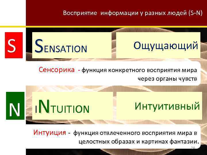 Восприятие информации у разных людей (S-N) S SENSATION Ощущающий Сенсорика - функция конкретного восприятия
