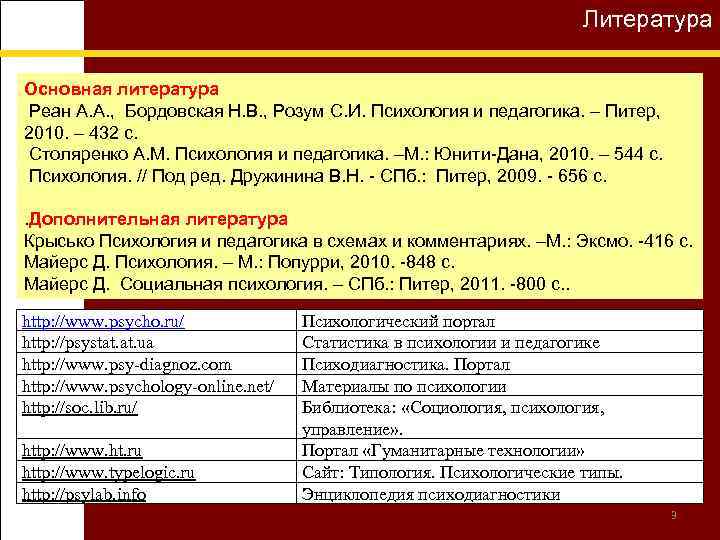 Литература Основная литература Реан А. А. , Бордовская Н. В. , Розум С. И.