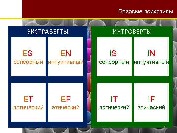 Базовые психотипы ЭКСТРАВЕРТЫ ES EN сенсорный интуитивный ИНТРОВЕРТЫ IS IN сенсорный интуитивный ET EF