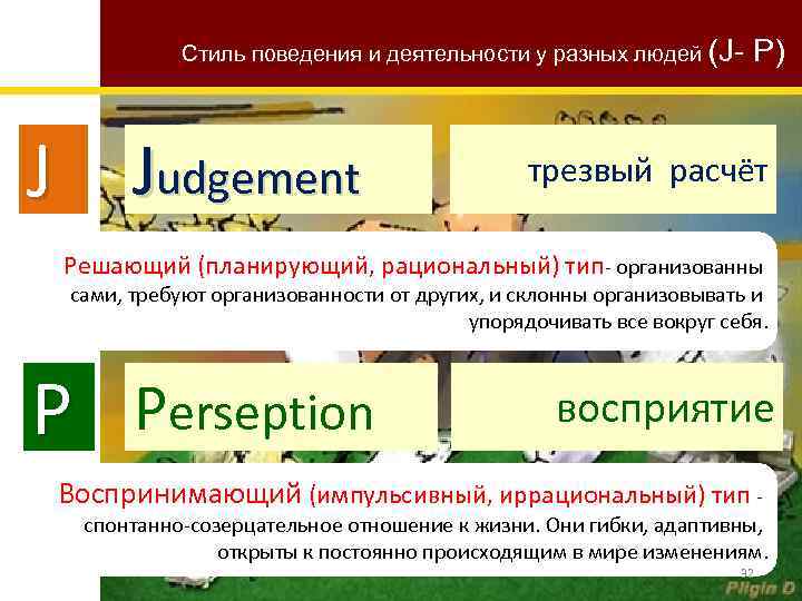 Стиль поведения и деятельности у разных людей (J- P) J Judgement трезвый расчёт Решающий