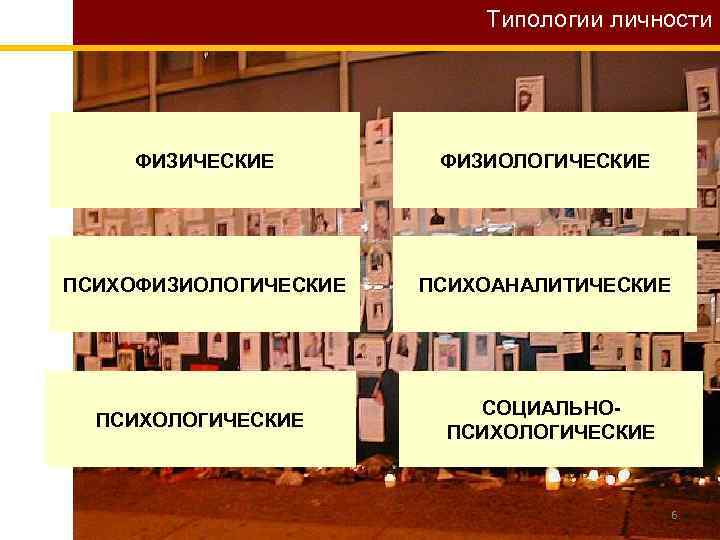 Типологии личности ФИЗИЧЕСКИЕ ФИЗИОЛОГИЧЕСКИЕ ПСИХОАНАЛИТИЧЕСКИЕ ПСИХОЛОГИЧЕСКИЕ СОЦИАЛЬНОПСИХОЛОГИЧЕСКИЕ 6 