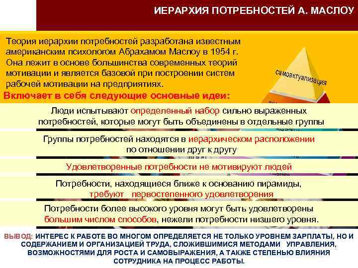 ИЕРАРХИЯ ПОТРЕБНОСТЕЙ А. МАСЛОУ Теория иерархии потребностей разработана известным американским психологом Абрахамом Маслоу в
