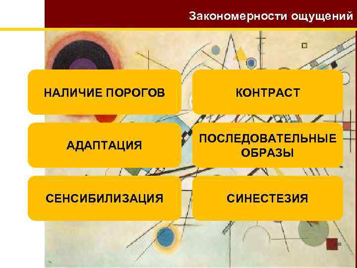 Закономерности ощущений НАЛИЧИЕ ПОРОГОВ КОНТРАСТ АДАПТАЦИЯ ПОСЛЕДОВАТЕЛЬНЫЕ ОБРАЗЫ СЕНСИБИЛИЗАЦИЯ СИНЕСТЕЗИЯ 