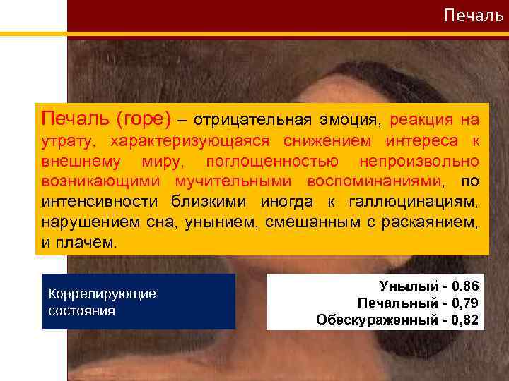 Печаль (горе) – отрицательная эмоция, реакция на утрату, характеризующаяся снижением интереса к внешнему миру,