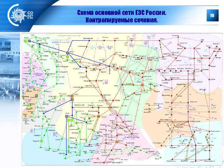Схема основной сети ЕЭС России. Контролируемые сечения. 10 