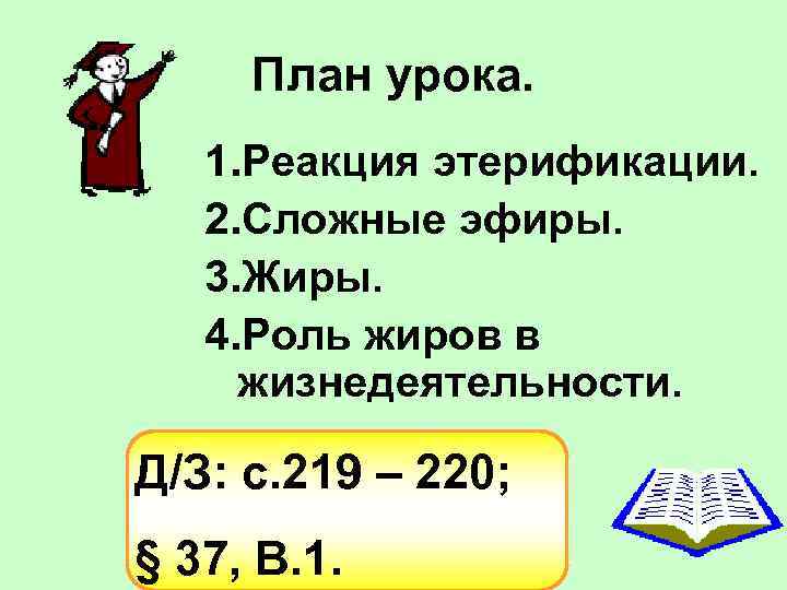 План урока. 1. Реакция этерификации. 2. Сложные эфиры. 3. Жиры. 4. Роль жиров в