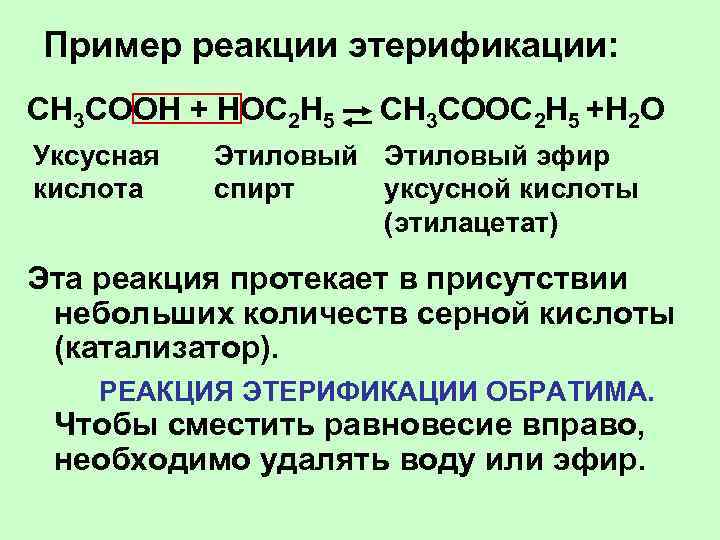 Пример реакции этерификации: CH 3 COOH + НОС 2 Н 5 Уксусная кислота CH