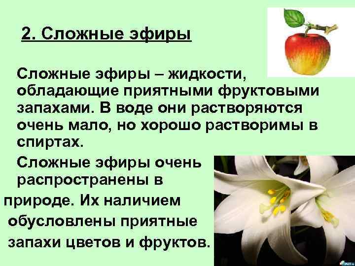 2. Сложные эфиры – жидкости, обладающие приятными фруктовыми запахами. В воде они растворяются очень