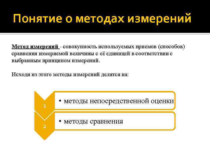 Понятие о методах измерений Метод измерений - совокупность используемых приемов (способов) сравнения измеряемой величины