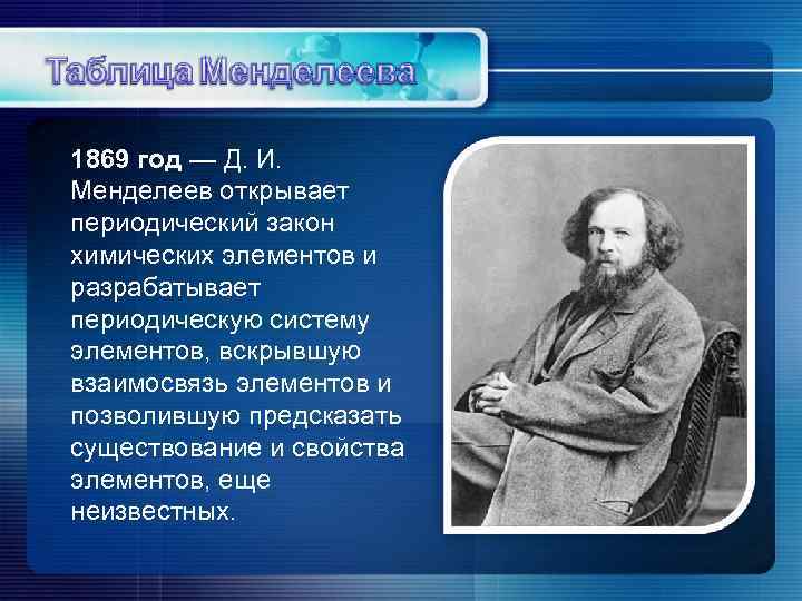 1869 год — Д. И. Менделеев открывает периодический закон химических элементов и разрабатывает периодическую